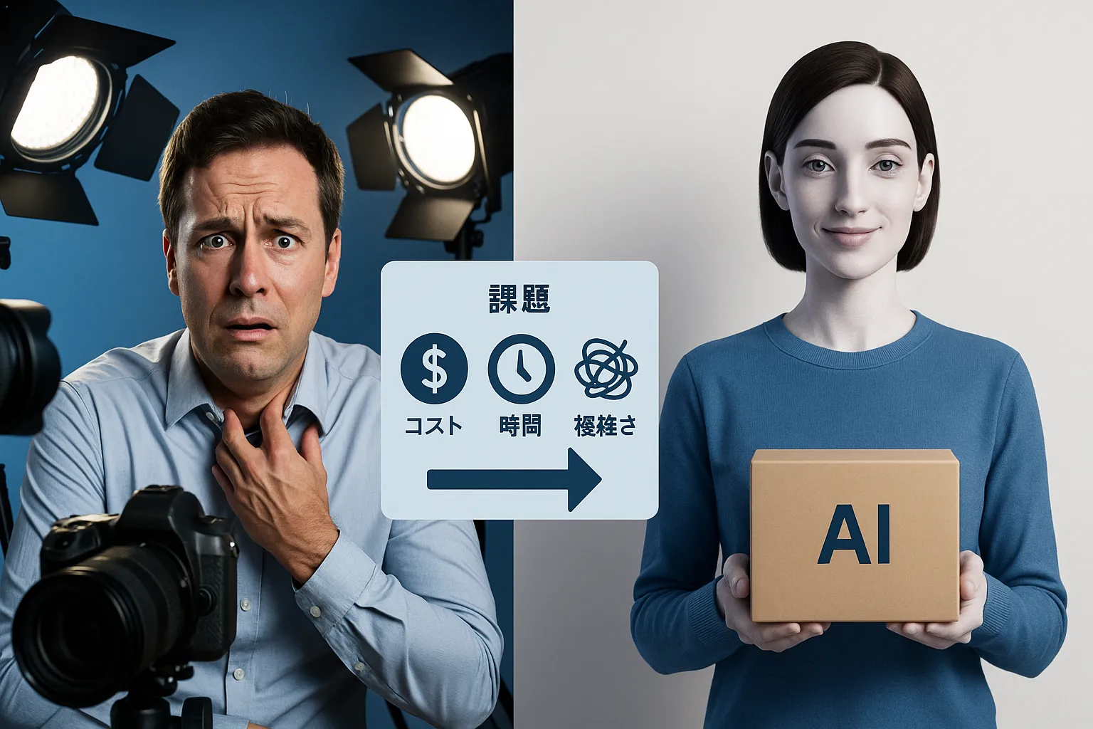 AIアバターが解決する動画制作の課題、コスト削減と時間短縮、効率化のイメージ
